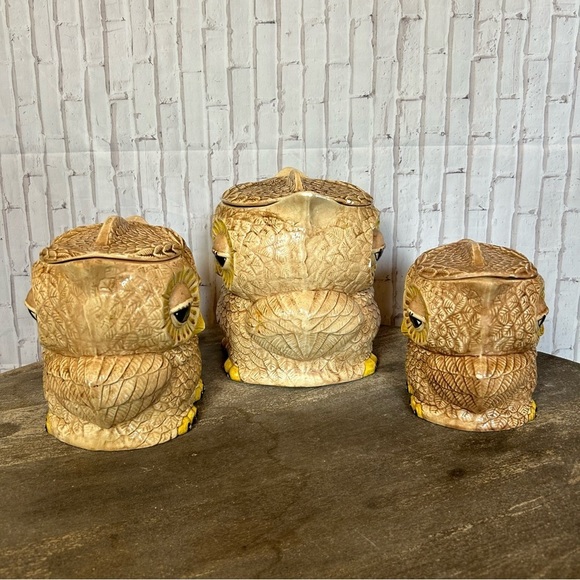 Vintage Double Sided Face Owl Set Of 3 OWL-SITTRE ‘79 Cookie Jar Canister - Picture 2 of 10